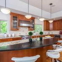 <p>The modern kitchen has a large center island and top of the line appliances.</p>