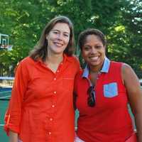 <p>New Canaan Country School Head of Middle School Kirsten Rosolen and Jackque Mclean-Markes share in the opening of Kyles Court.</p>