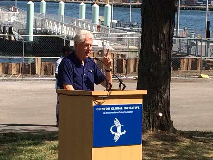 Former President Bill Clinton speaks at the launch of the Billion Oyster grant last week at the New York Harbor School on Governors Island.