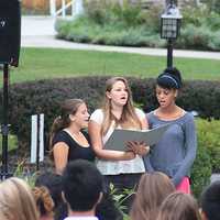 <p>Wooster School girls sing the National Anthem at the 9/11 ceremony in Danbury on Thursday morning. </p>