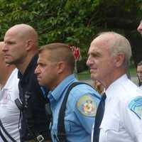 <p>Attendees at the New Canaan 9/11 memorial ceremony in front of the police station.</p>