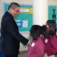 <p>John Marshall is greeted by students in the Thurgood Marshall Middle School at Six to Six Interdistrict Magnet School in Bridgeport.</p>