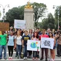 <p>Pace University students take a moment to pose for the camera with their signs and protest materials. </p>