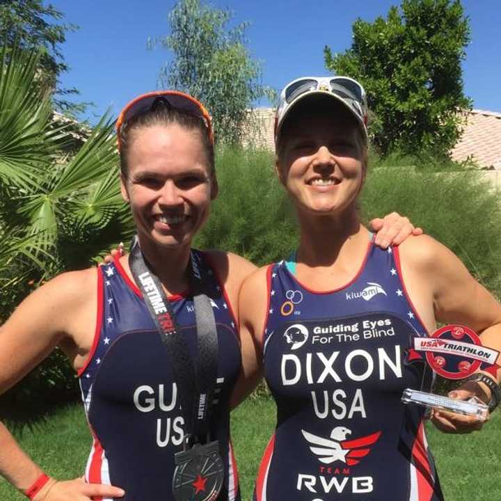 Greenwich para-athlete Amy Dixon, right, with guide Caroline Gaynor, finished second in her division at the U.S. National Championships in Arizona.