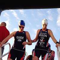 <p>Amy Dixon, right, and Caroline Gaynor race at the U.S. National Paratriathlon Championships.</p>