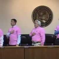 <p>The Tuckahoe Board of Trustees sported their own pink shirts, provided by the DPW. </p>