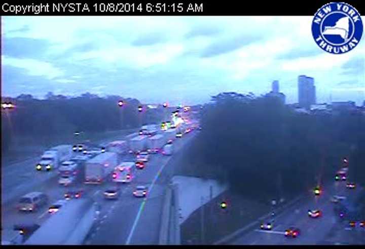 Traffic is congested along I-95 in New Rochelle. 