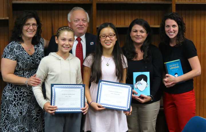 From left, Board of Education President Giuseppina Miller, Pierre Van Cortlandt student Grace Reyer, Superintendent of Schools Dr. Edward Fuhrman, student Emma Campanella, teacher Dawn Giordano and teacher Lauren Scollins.