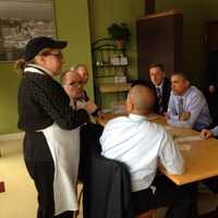 <p>Gov. Dannel Malloy, far right, eats lunch with President Barack Obama before a rally on minimum wage in March in New Britain. </p>