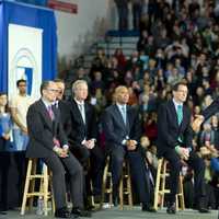 <p>President Barack Obama, on stage with Gov. Dannel Malloy, speaks about the minimum wage at Central Connecticut State University. </p>