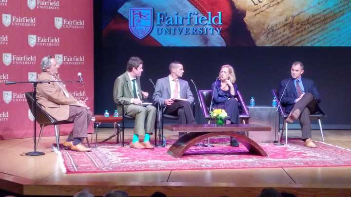 (From left) Philip Eliasoph, Michael Serazio, David Gudelunas, Alessandra Stanley and Frank Bruni speak during the Open VISIONS Forum q-and-a.