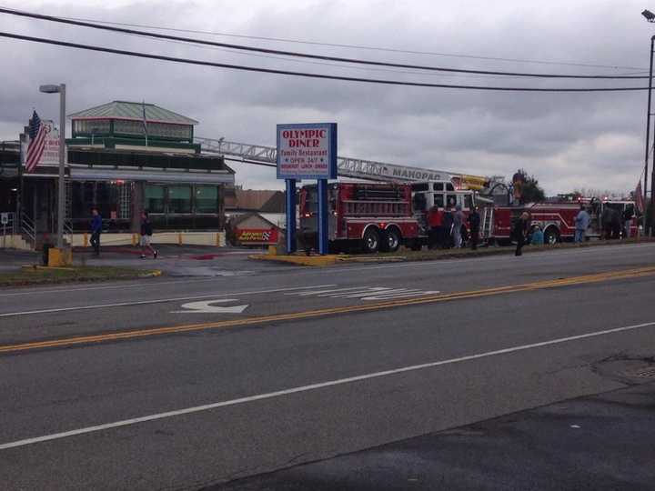 The scene outside Olympic Diner in Mahopac on Saturday afternoon after fire units from multiple municipalities arrived on the scene.