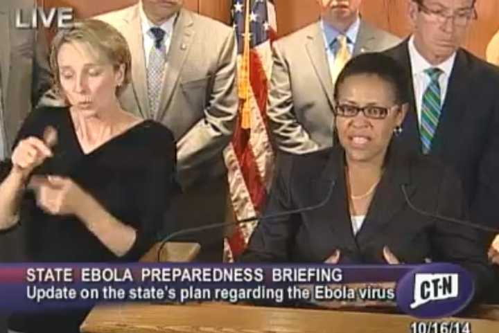 Department of Public Health Commissioner Jewel Mullen discusses the state&#x27;s efforts to combat a potential Ebola virus outbreak in a press conference Thursday.