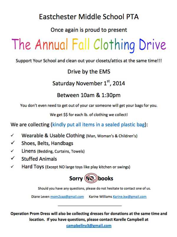 Eastchester Middle School PTA's Fall Clothing Drive Coming Soon