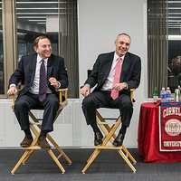 <p>Rob Manfred, center, of Tarrytown, with NHL Commissioner Gary Bettman, left, and Cornell ILR Dean Harry Katz in December 2013. Manfred and Bettman are both graduates of Cornell&#x27;s ILR school.</p>