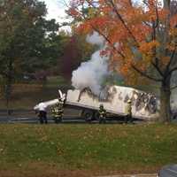 <p>The Greenwich Fire Department is putting out the truck fire on the Merritt Parkway.</p>