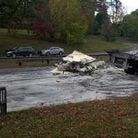 <p>A fender-bender occurs on the other side of the parkway in Greenwich as cleanup work continues. </p>