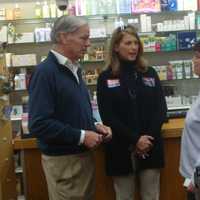 <p>Foley, Darien First Selectman Jayme Stevenson and Kathleen Gilliam, who enthusiastically greeted Foley during his stop in town Friday.</p>