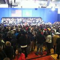 <p>It&#x27;s standing room only as the crowd awaits the arrival of the president at Central High School. </p>