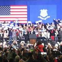 <p>President Barack Obama takes the stage at the far end of the gym at Bridgeport&#x27;s Central High School. </p>