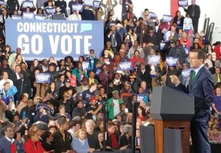 Gov. Dannel Malloy speaks at a rally in Bridgeport in the closing days of the campaign. 