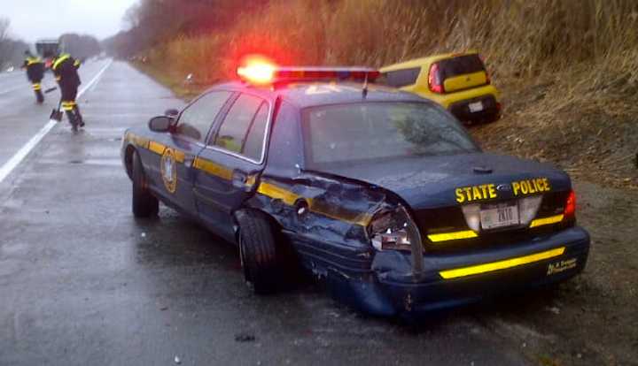 A trooper&#x27;s vehicle was struck on Interstate 84 on Thursday morning.