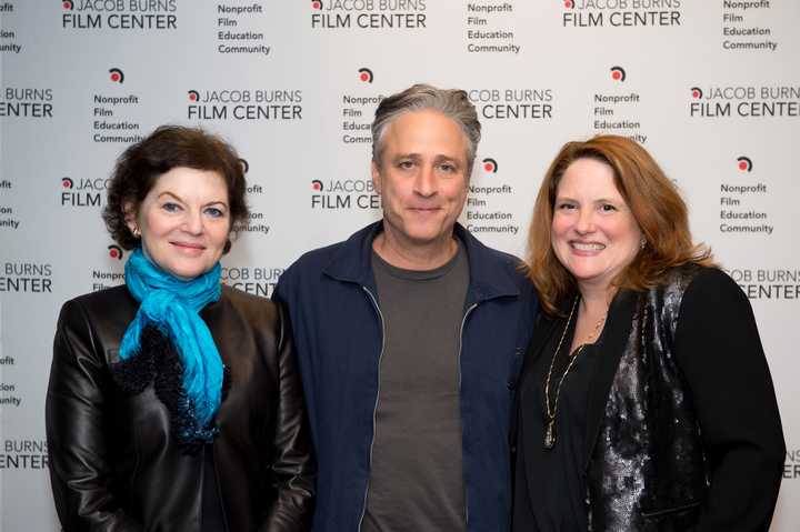 JBFC President Janet Maslin, left, filmmaker and Daily Show host Jon Stewart, and JBFC Executive Director Edie Demas, right, pose following a screening of Stewarts new film &quot;Rosewater.&quot; 