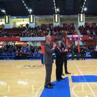 <p>NBA Commissioner Adam Silver, County Executive Rob Astorino and Westchester Knick General Manager Allan Houston unveiling the Westchester Knick banner.</p>