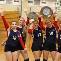 <p>From left: Kennedy seniors Kelly Gallagher, Mary Burns, Joanna Weidenhamer, Katelynn Ryan and Mary Helen Baudinet celebrate with the plaques after capturing the City Championship.</p>