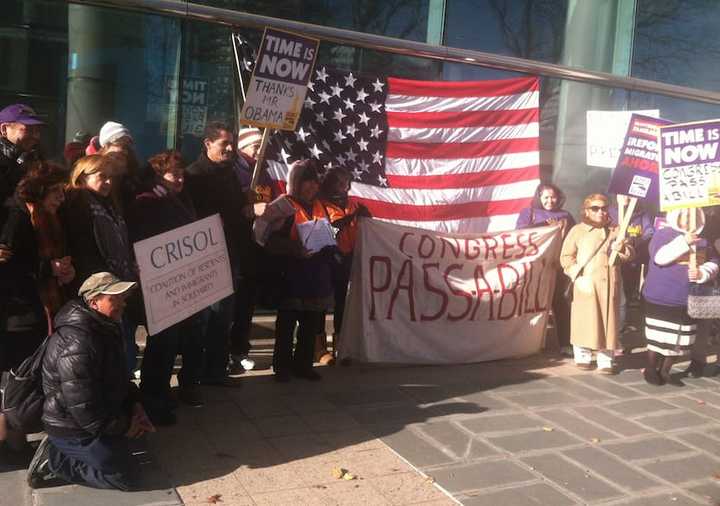 Immigration activists gathered Friday, Nov. 21, in front of the Government Center to celebrate President Barack Obama&#x27;s recent executive order.