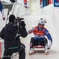 <p>Ridgefield&#x27;s Tucker West celebrates after a run in the luge during a race last week in Lake Placid, N.Y.</p>