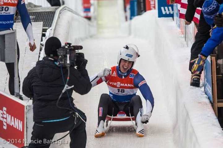 Ridgefield&#x27;s Tucker West celebrates after a run in the luge during a race last week in Lake Placid, N.Y.