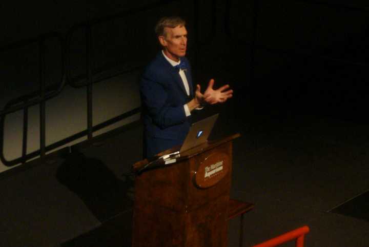 Bill Nye talks about society&#x27;s need to embrace science during a talk at the Maritime Aquarium in Norwalk.