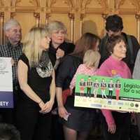 <p>Members of Connecticut Against Gun Violence celebrate the one-year anniversary of the passage of Connecticut&#x27;s stricter gun laws earlier this year. </p>