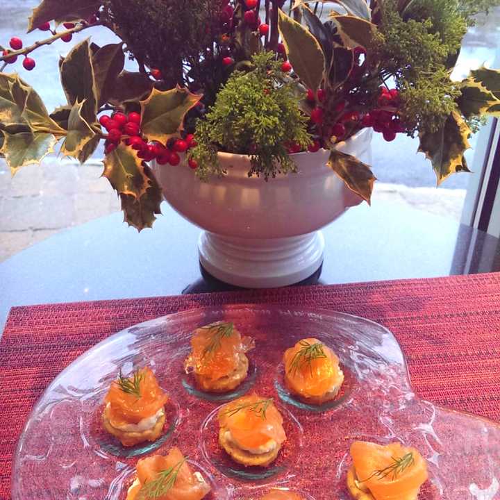 Potato latkes with salmon gravlox and horseradish sour cream.
