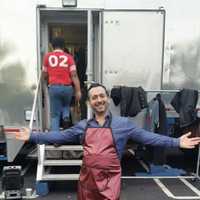 <p>Numi Salon owner Nuriel Abramov outside the trailer in Rye where &quot;Ricki and the Flash&quot; was shooting.</p>