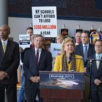 <p>Yonkers Assemblywoman Shelley Mayer addressing a crowd about the Orange County casino proposal in October.</p>