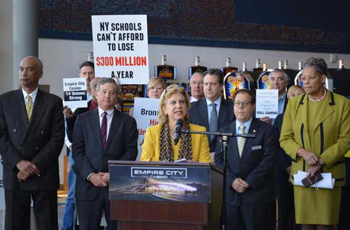 Yonkers Assemblywoman Shelley Mayer addressing a crowd about the Orange County casino proposal in October.