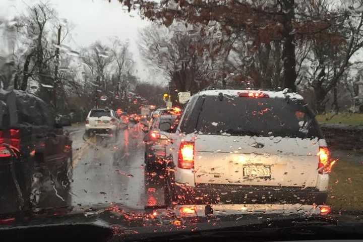 Traffic backed up on Boston Post Road during an early dismissal at Osborn School on Dec. 9.