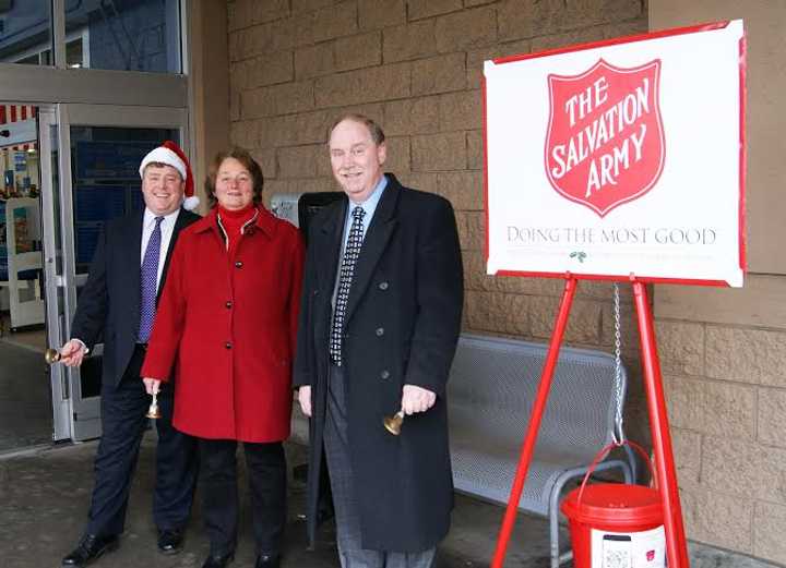 From left, Reps. Dan Carter and Jan Giegler and Sen. Michael McLachlan volunteer in 2014 as bell ringers for the Salvation Army outside the Wal-Mart in Danbury. 