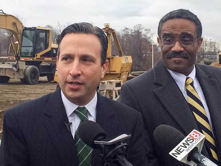 Sen. Bob Duff and Rep. Bruce Morris at the announcement of the opening of the new speed change lane in Norwalk.