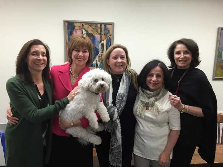 Westonite Jane Sklar, Probate Court Judge Lisa Wexler and &quot;Sugar,&quot; Weston Republican Town Committee Chair Britta Lerner, State Senator Toni Boucher, and Westonite Ellen Strauss