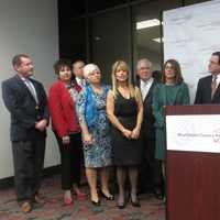 <p>Marissa Brett, right, president of the Westchester County Association, preps for Tuesday&#x27;s news conference with various college and healthcare leaders.</p>