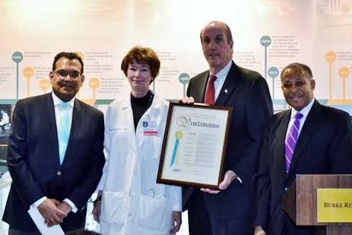 Left to right are Dr. Raj Ratan, Burke CEO; Dr. Mary Beth Walsh, Deputy County Executive Kevin Plunkett and N.Y. State Legislator Benjamin Boykin.