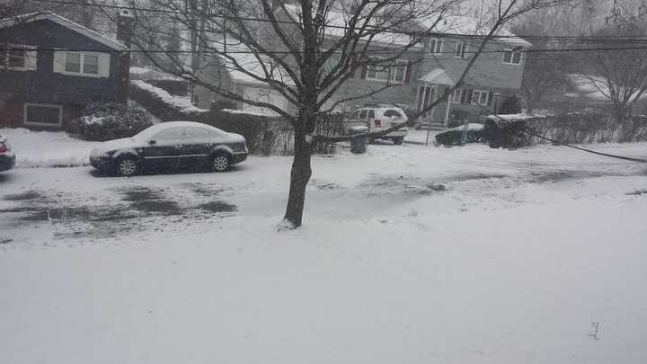 Snow is starting to accumulate in Yonkers.