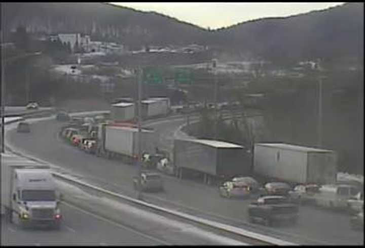 Traffic is jammed at Exit 4 on westbound I-84 in Danbury. 