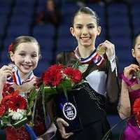 <p>The podium for Juvenile girls includes, from left, second place, Emilia Murdock; first place, Sophia Chouinard; third place, Jacqueline Lee; and fourth place, Isabella Miller. USFSA awards four medals on its podium at nationals. </p>