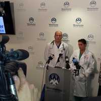 <p>Westchester Medical Center officials, from left, Dr. Ivan Miller, Dr. Joseph Turkowski and nurse Patricia Wrobbel, address the media Wednesday. </p>