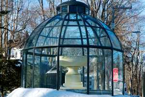 Cass Gilbert Fountain Hibernates Under Snow, Cage In Ridgefield