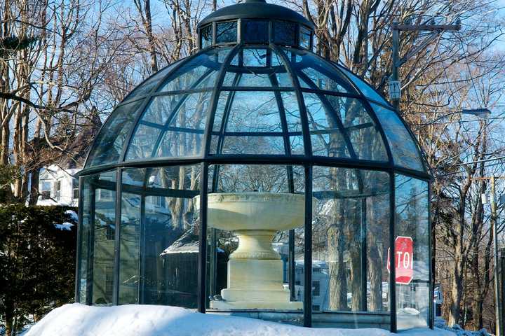 Cass Gilbert Fountain Hibernates Under Snow, Cage In Ridgefield